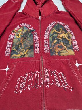 Vitriol Red Distressed Zip Hoodie XL Gothic Angel Graphic Streetwear